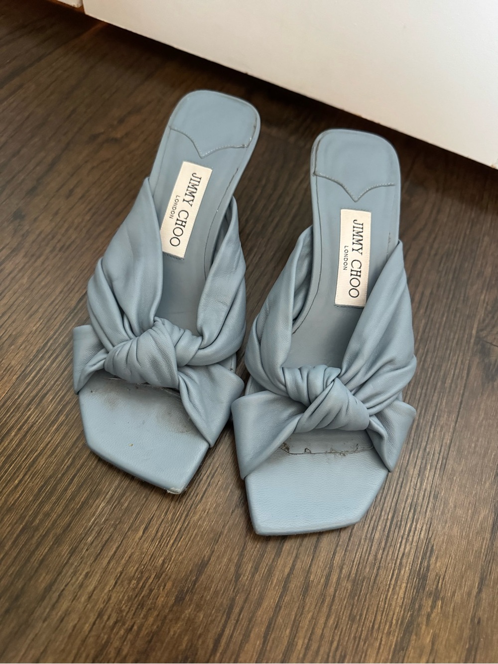 Jimmy Choo Avenue 50 Nappa Leather Knotted Mules Pale Blue - Picture 3 of 6
